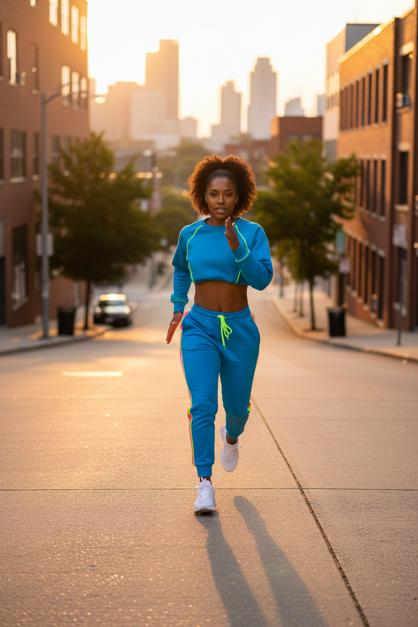 Fit Black woman running up elevated street in tracksuit